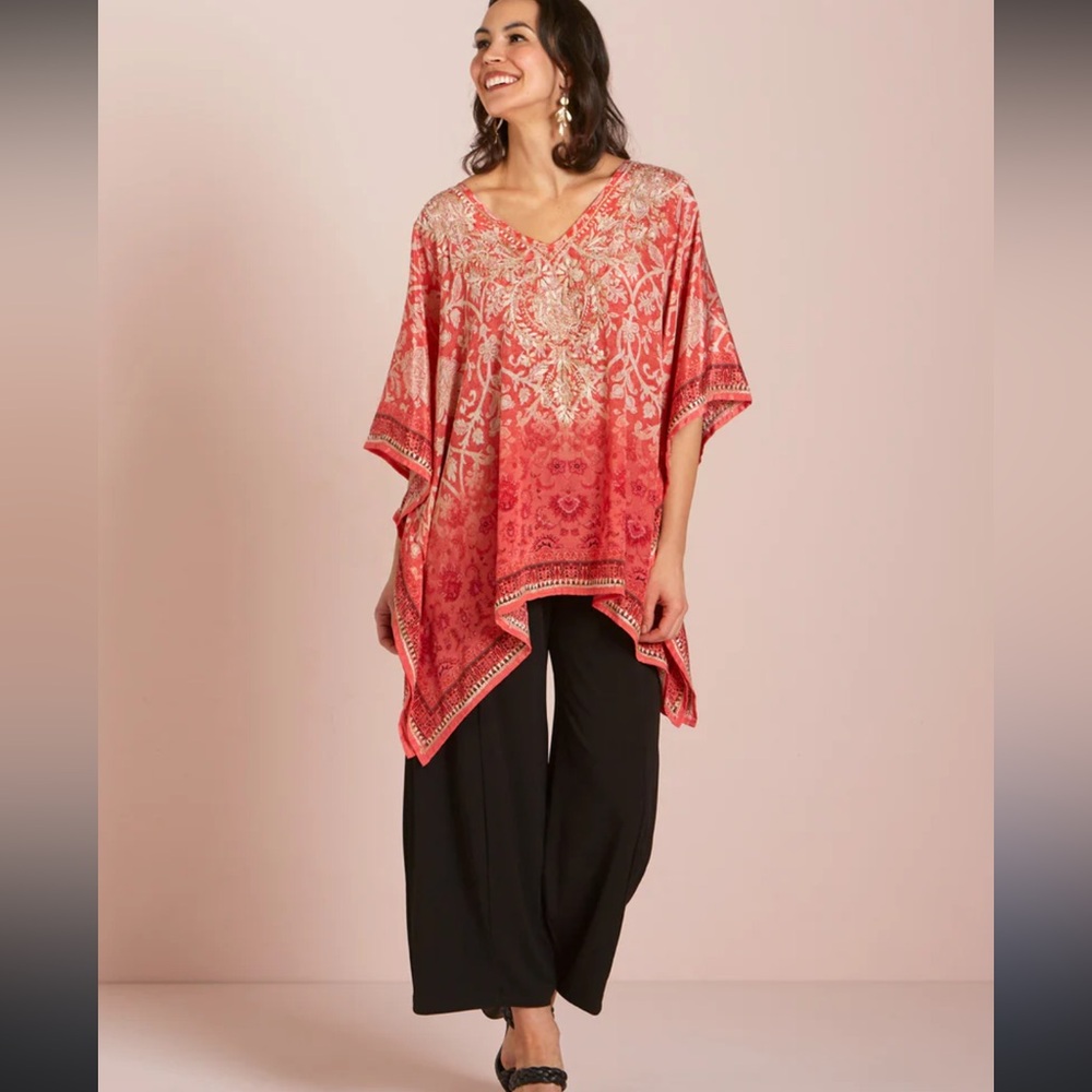 SEVYA Handmade embroidered Floral Women's Kaftan Top blouse‎ poly silk
